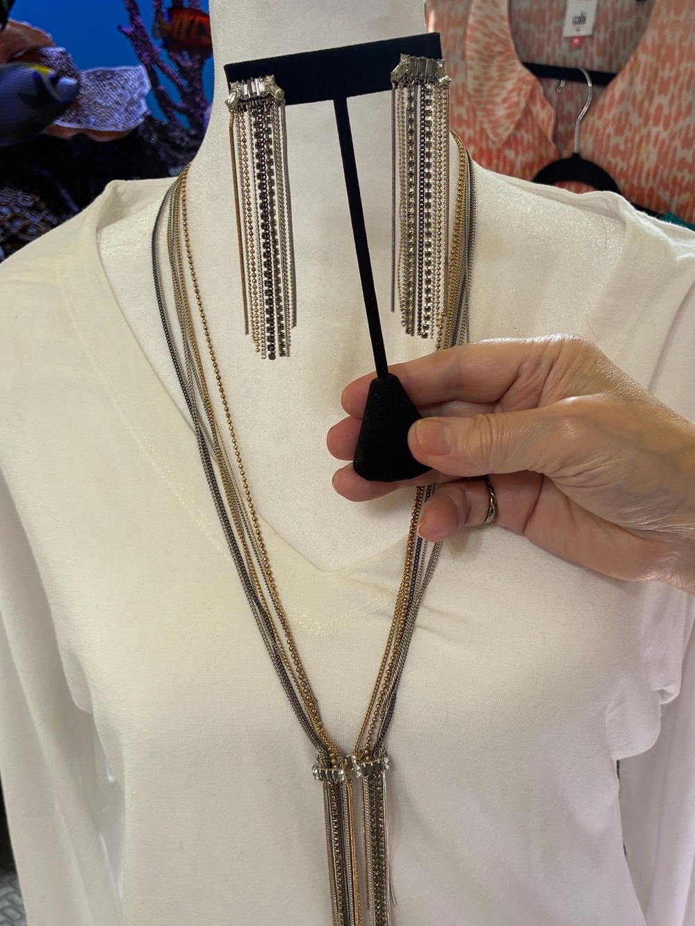 Dual-Tone Fringe Drop Earrings & Necklace Set. Gold & Silver